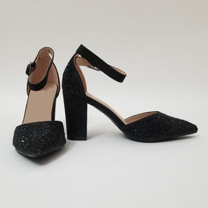 Women's Glitter D'Orsay Ankle Strap Black Pointy Toe Block Heels Shoes